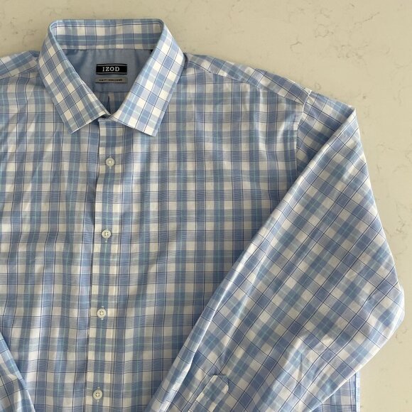 Izod Slim Fit LS Button Down Cotton Poly Plaid Dress Shirt Blue & Wht Sz 17.5 - Picture 4 of 13